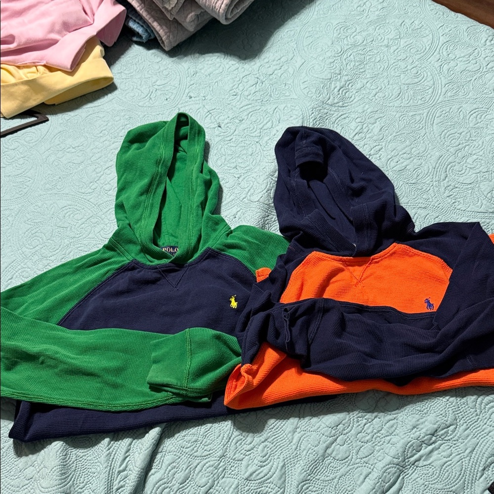 Green & Navy and Orange & Navy  Hoodies with Polo Logo. Boys Large 14/16